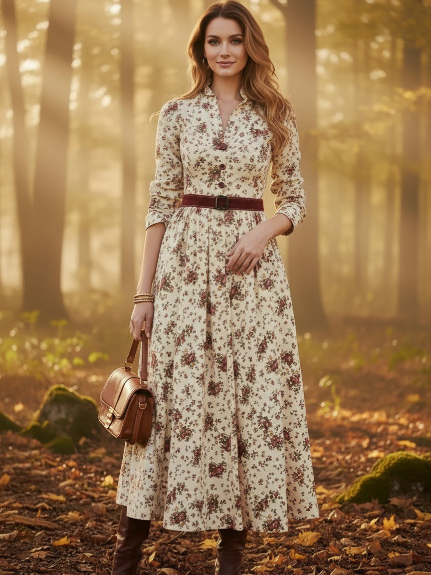 Floral Print V-Neck Long Sleeve Casual Pocket Vacation Maxi Dress