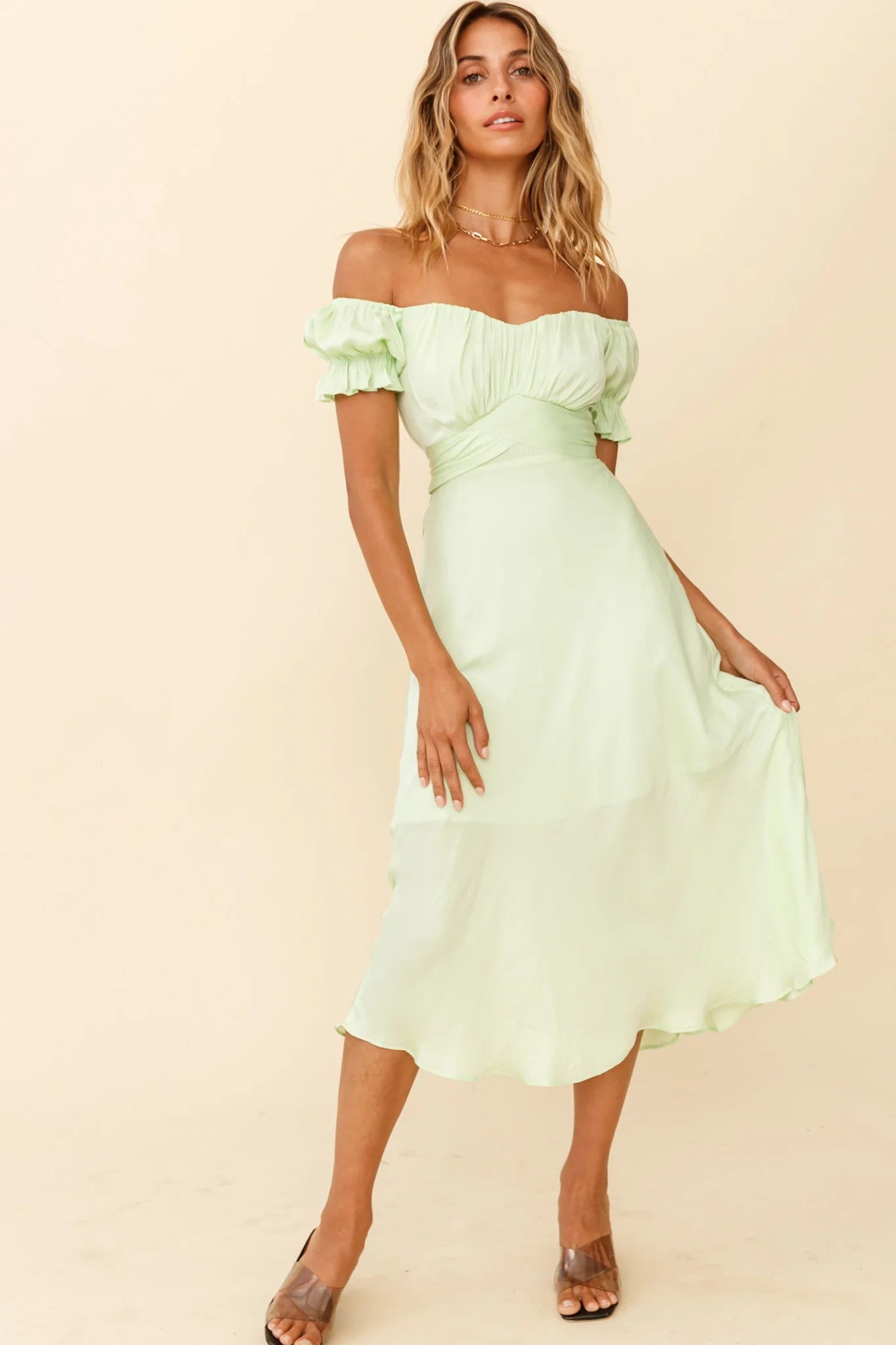 Linka Off-Shoulder Tie Back Midi Dress Apple