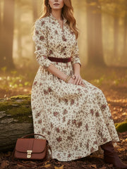 Floral Print V-Neck Long Sleeve Casual Pocket Vacation Maxi Dress
