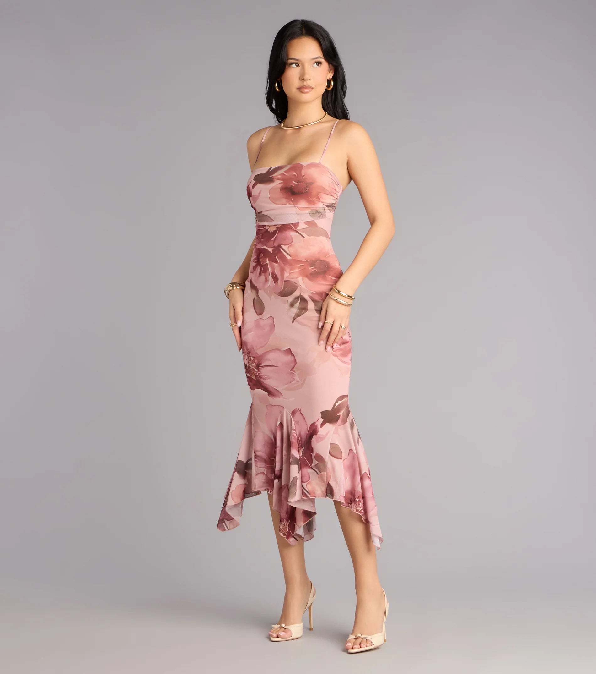Sweet Flirt Floral Mesh Ruffle Midi Dress