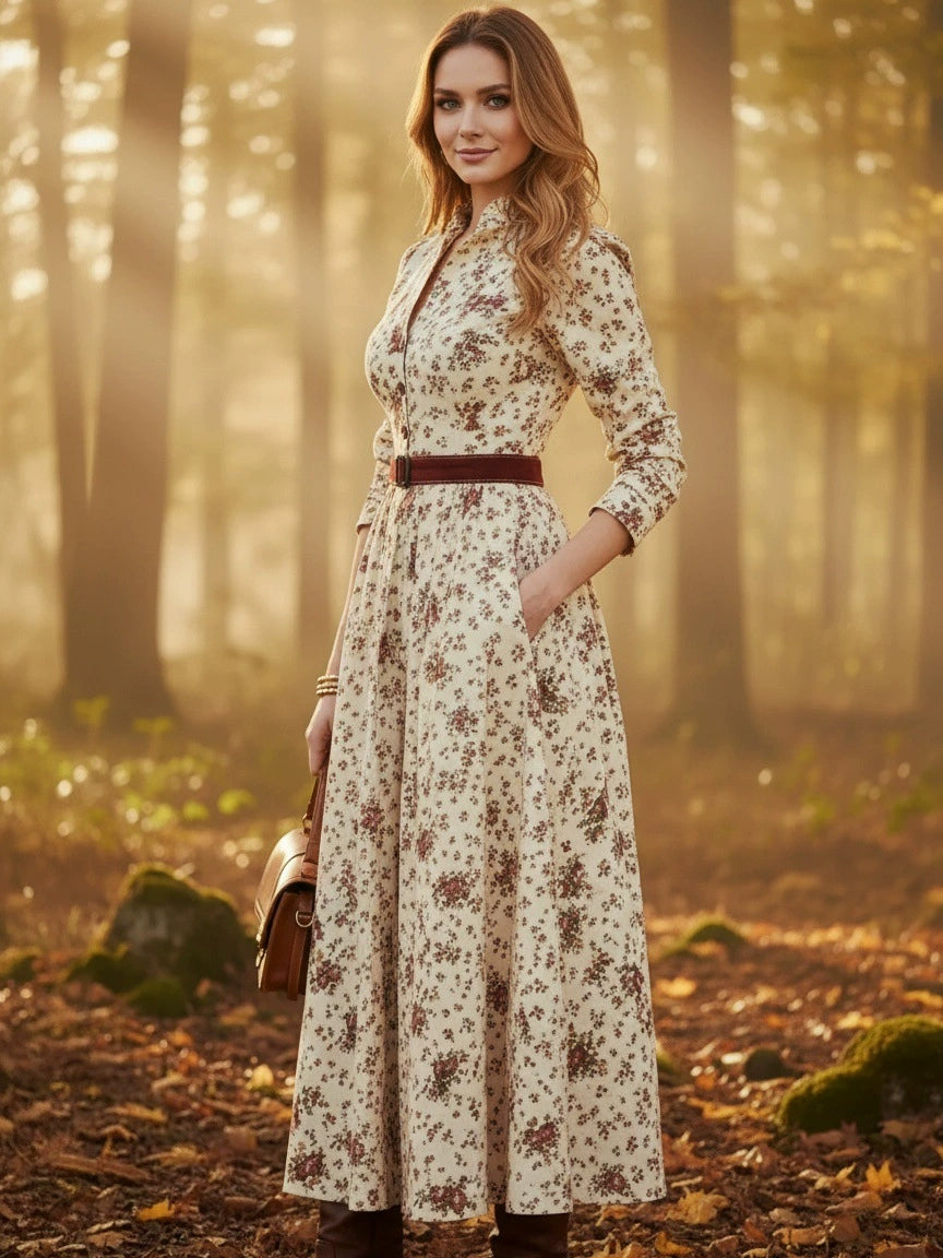 Floral Print V-Neck Long Sleeve Casual Pocket Vacation Maxi Dress