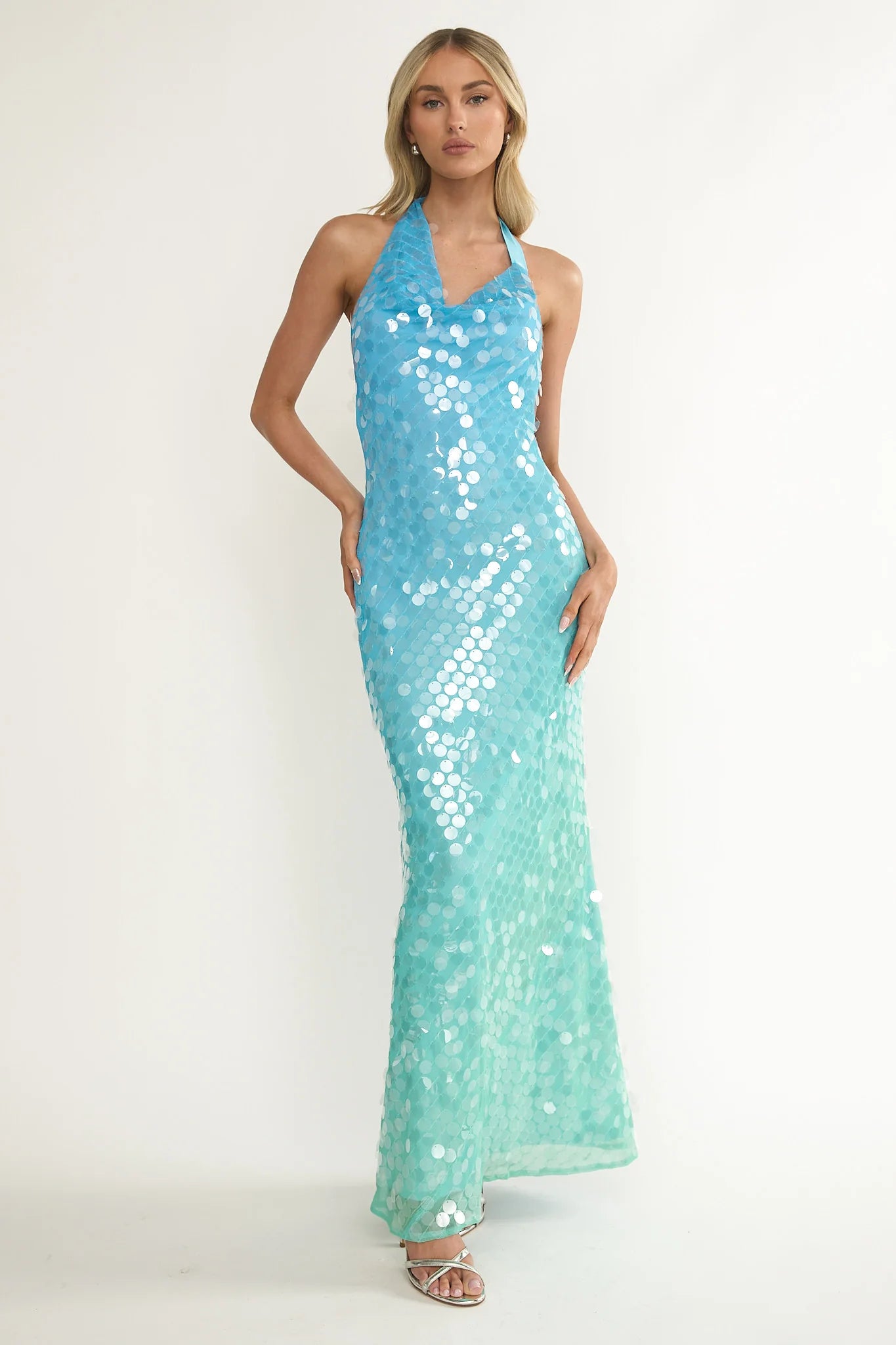 Kirralee Asymmetric Halterneck Sequin Maxi Dress Blue Multi
