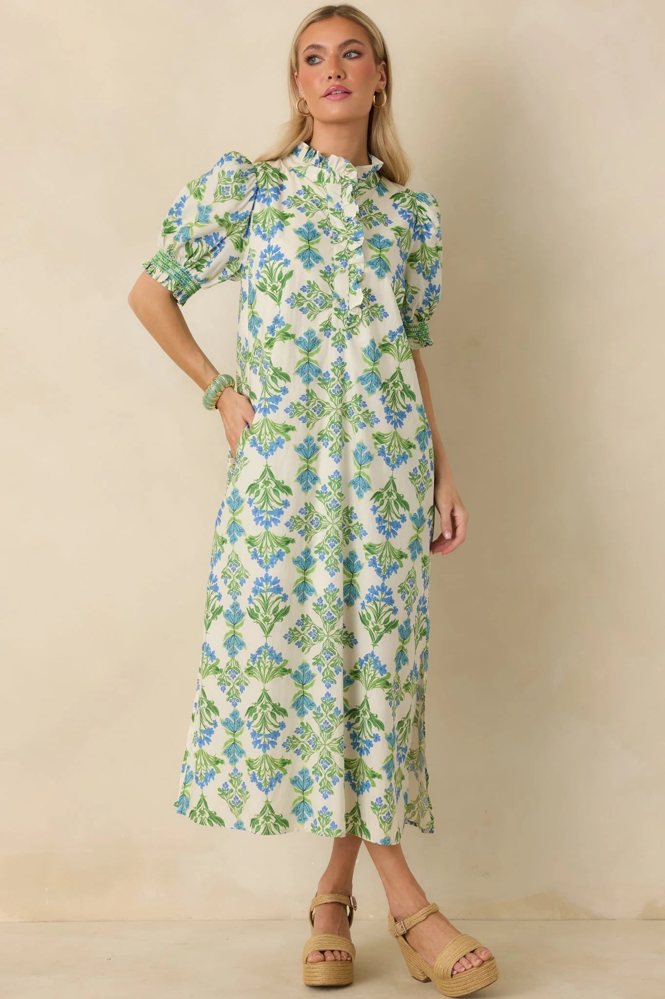 Fresh Fields Ivory Multi Cotton Floral Print Ruffle Neck Maxi Dress
