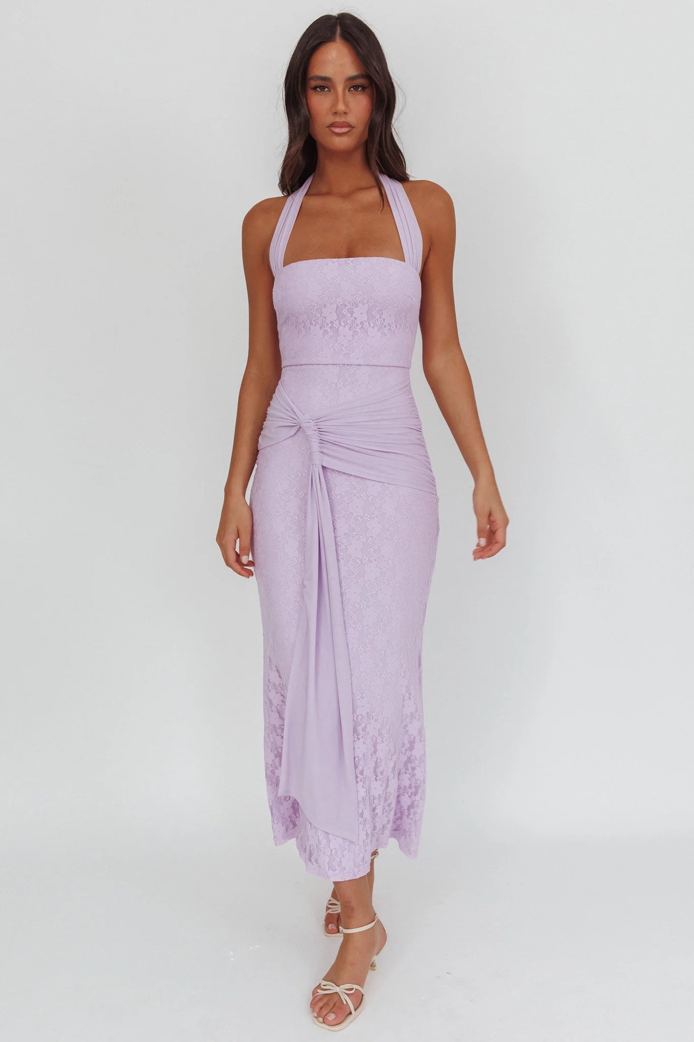 Luli Waist Sash Halter Maxi Dress Lace Lilac