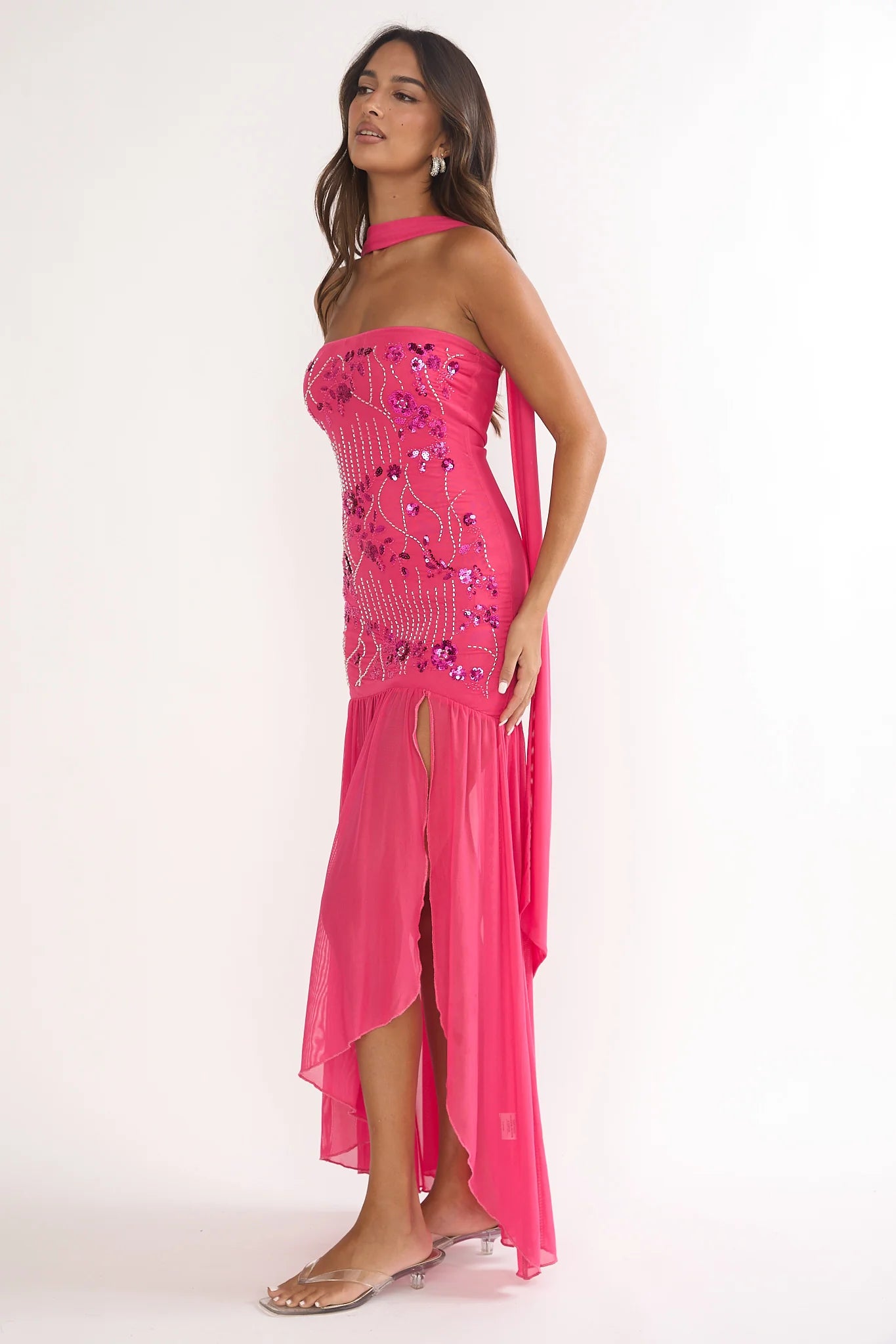 Jezra Strapless Sequin Embellished Maxi Dress Plum