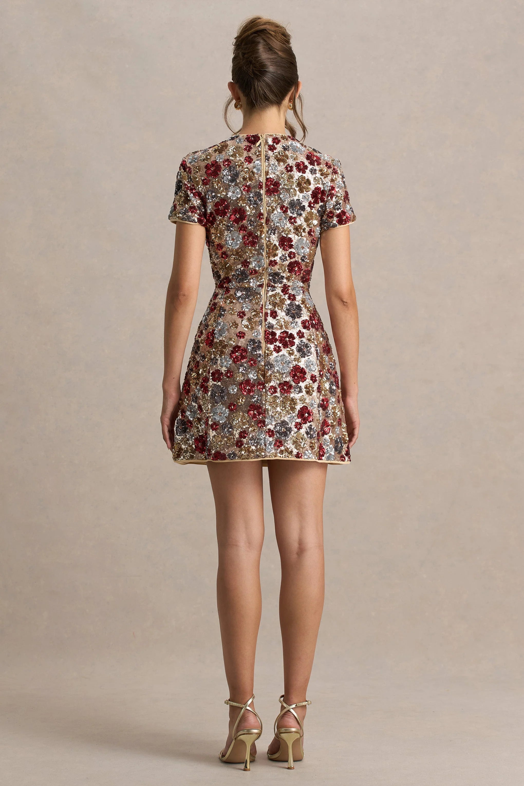 Eira | Red Floral Embellished Sequin Crew-Neck Mini Dress