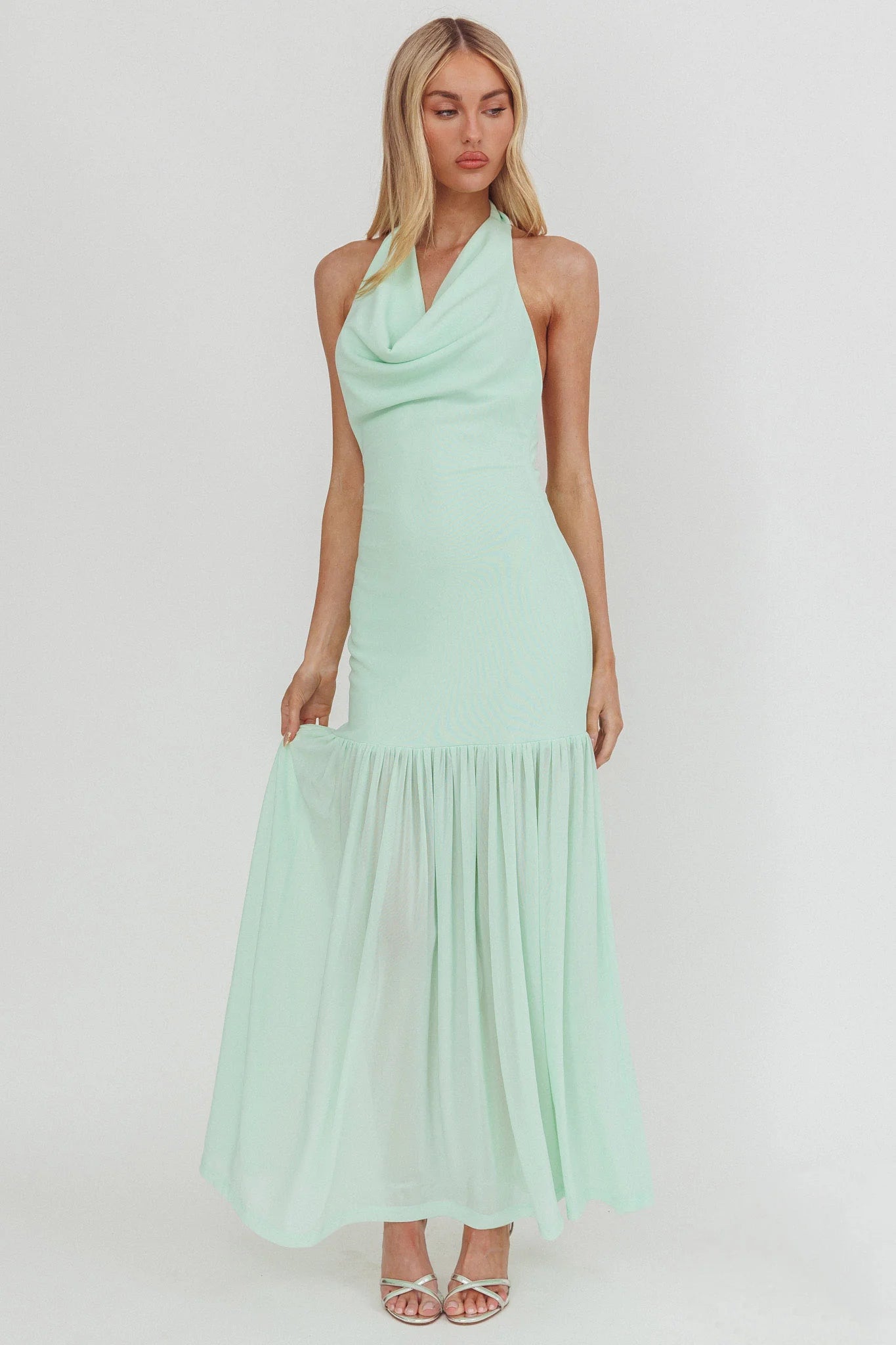 Kailyn Cowl Neck Sheer Hem Maxi Dress Mint