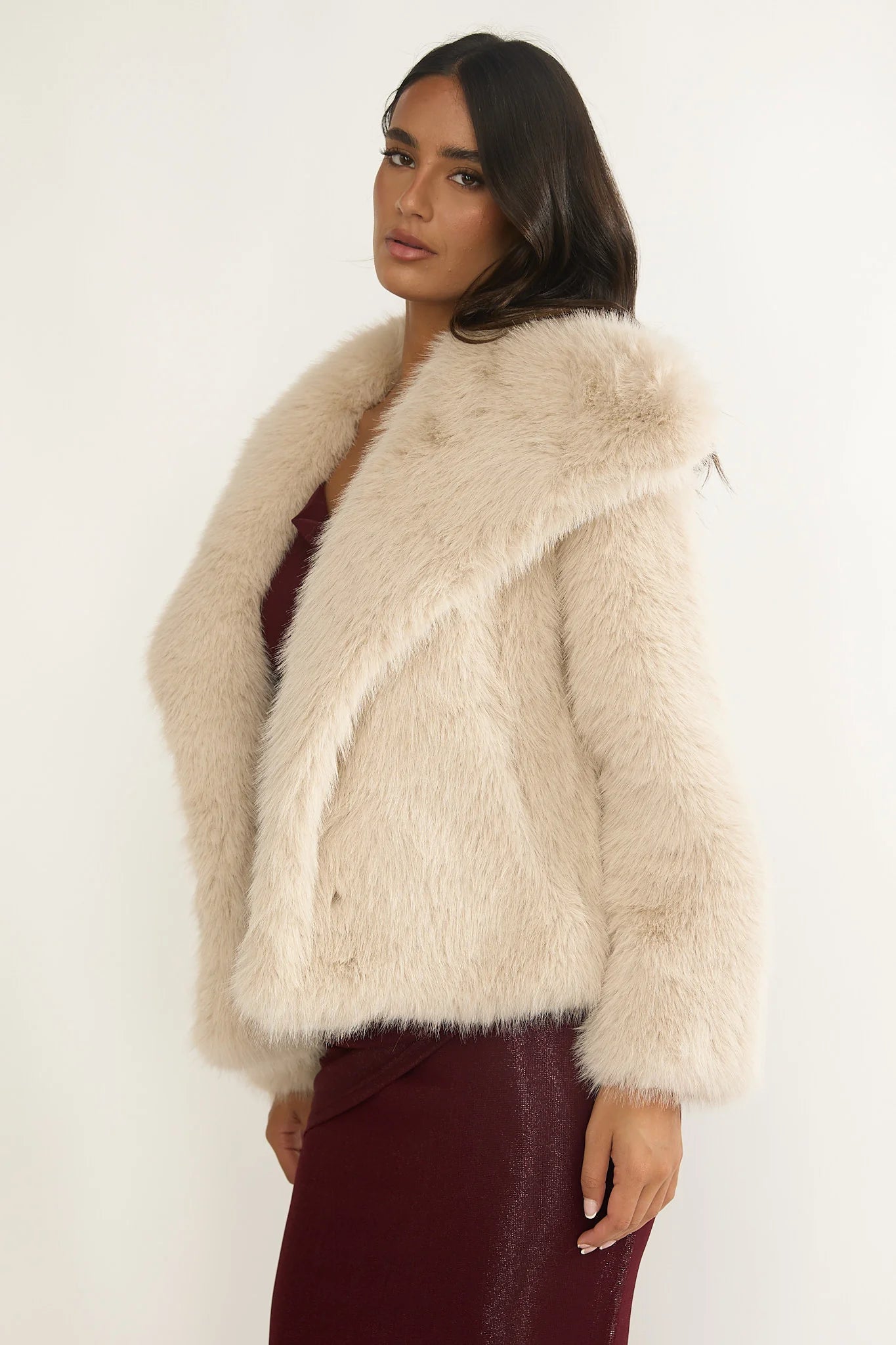 Harlequinn Oversized Lapel Faux Fur Jacket Taupe
