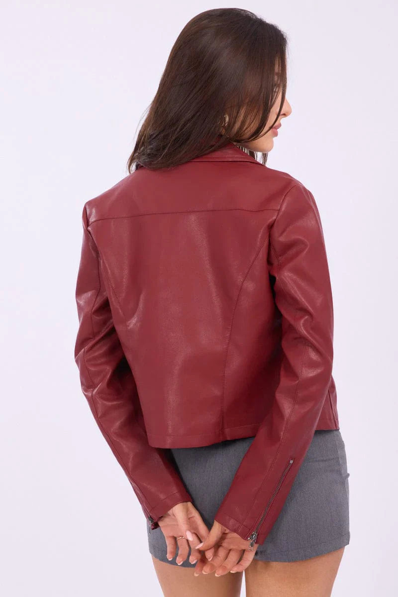Red Faux Leather Jacket Long Sleeve