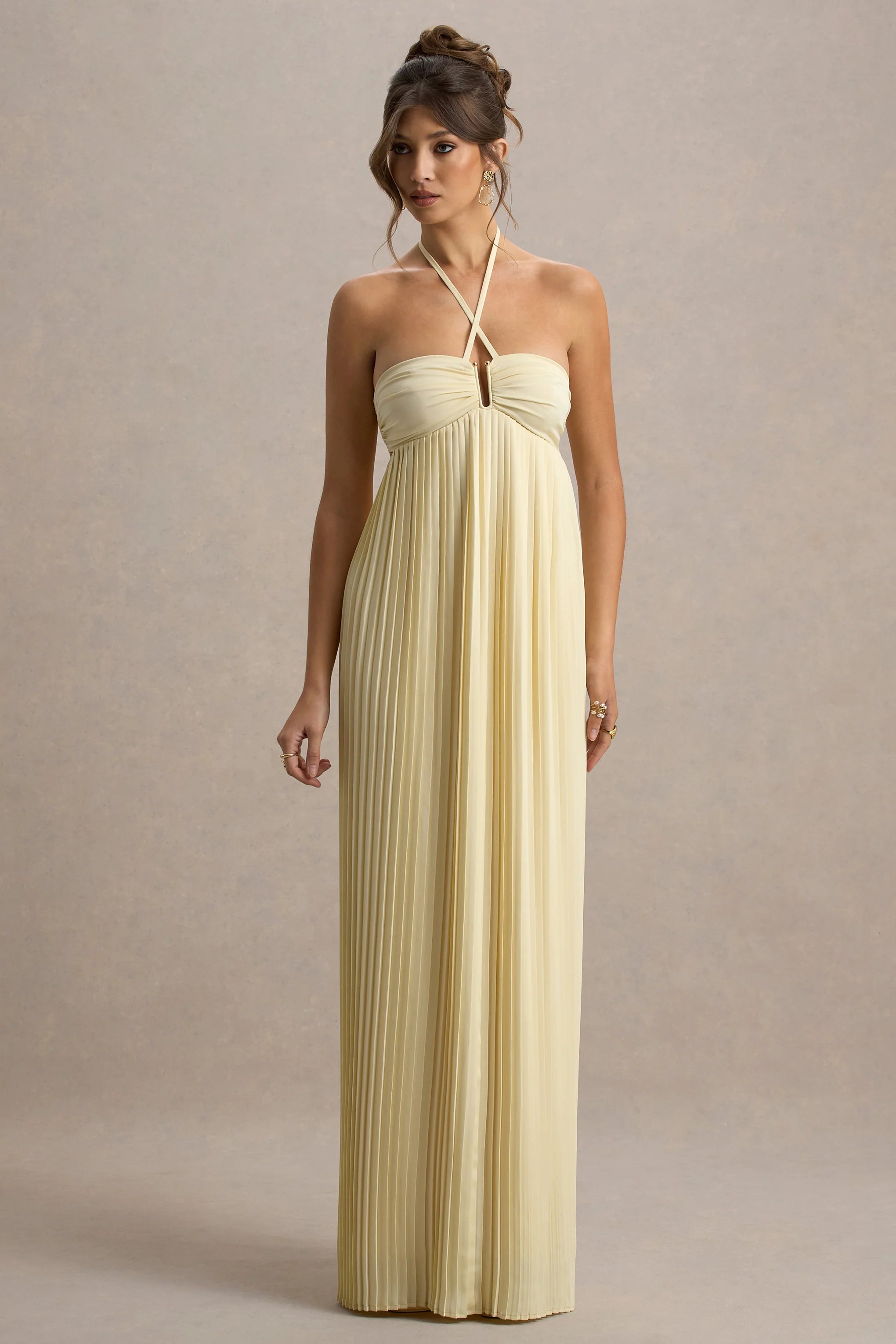Elayne | Pale Lemon Halter-Neck Maxi Dress With Cut-Out Detail
