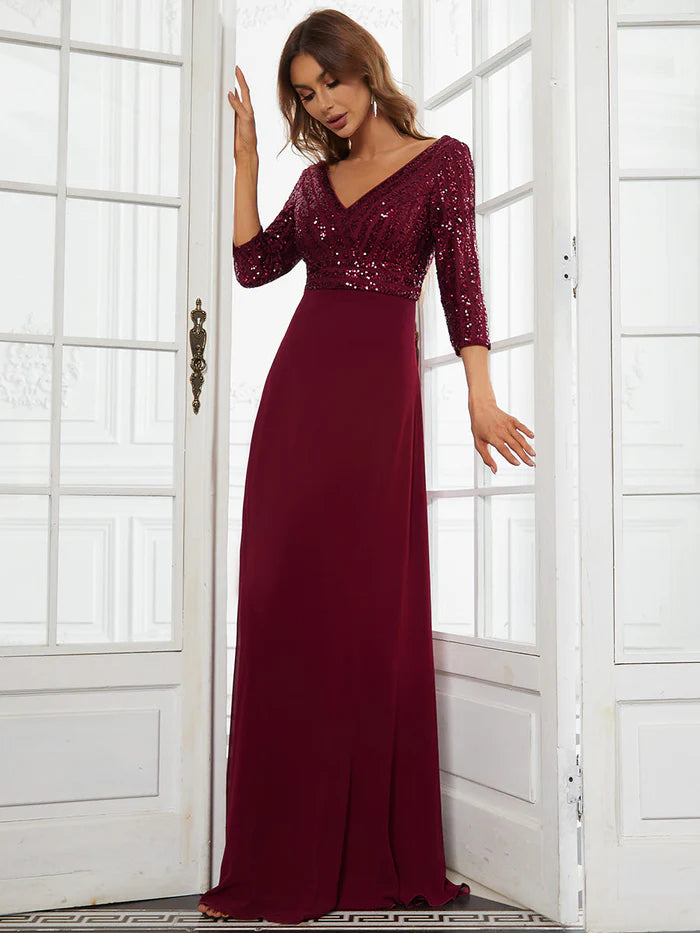 Sexy V Neck A-Line Sequin Evening Dresses with 3/4 Sleeve